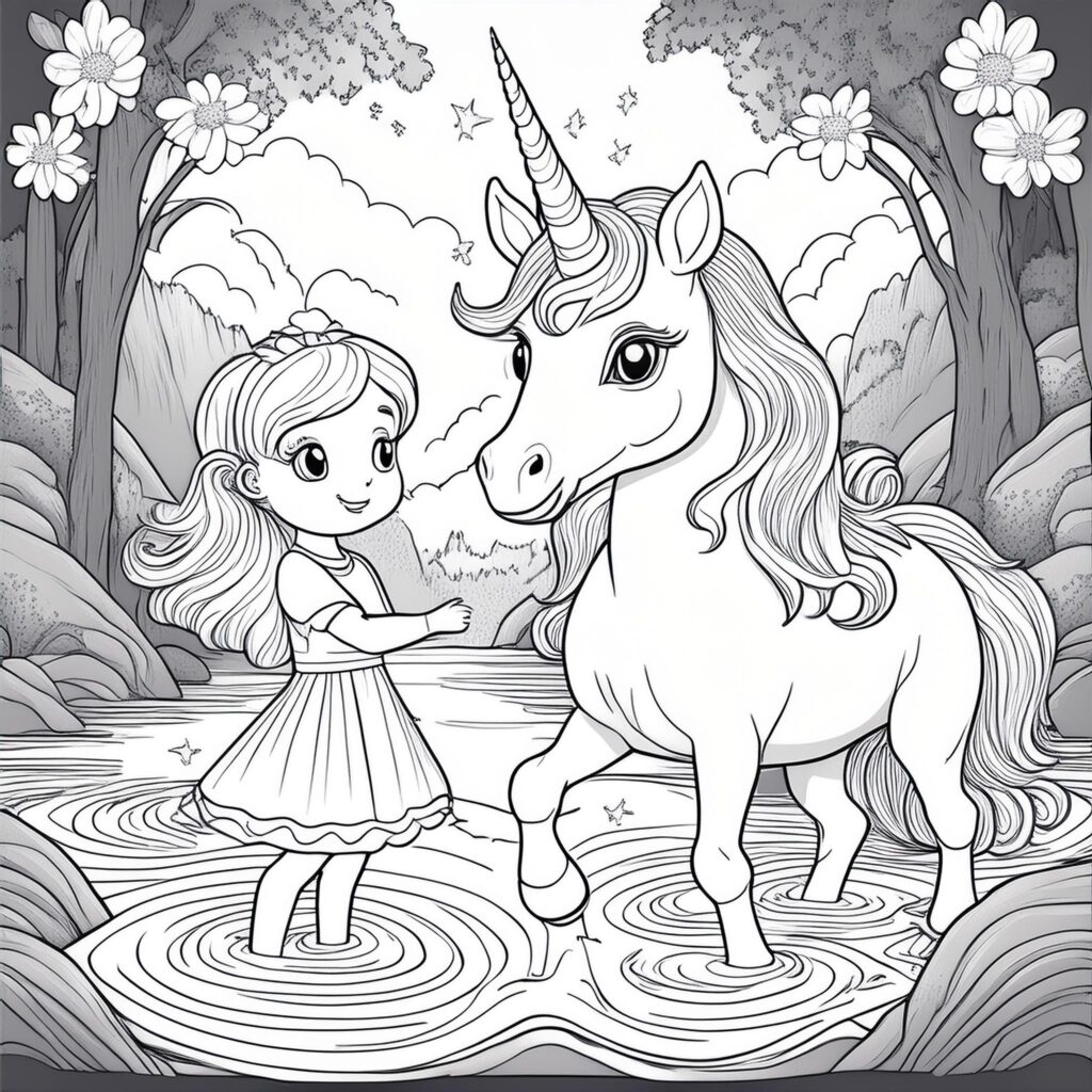 Prinzessin und einhorn spielen im wald